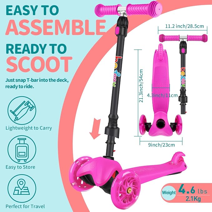 BELEEV A1 Scooter for Kids Ages 2-6, 3 Wheel Kick Scooter for Toddlers Girls Boys, Light up Wheels, Adjustable Height, Lean to Steer, Non-Slip Deck, Lightweight Push Scooter for Children