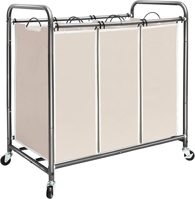STORAGE MANIAC 3 Section Laundry Sorter, 35.9 Gal (136 L) Laundry Hamper Cart with Heavy Duty Rolling Lockable Wheels and Removable Bags, Clothes Organizer Basket Clothes Separator Hamper, Beige