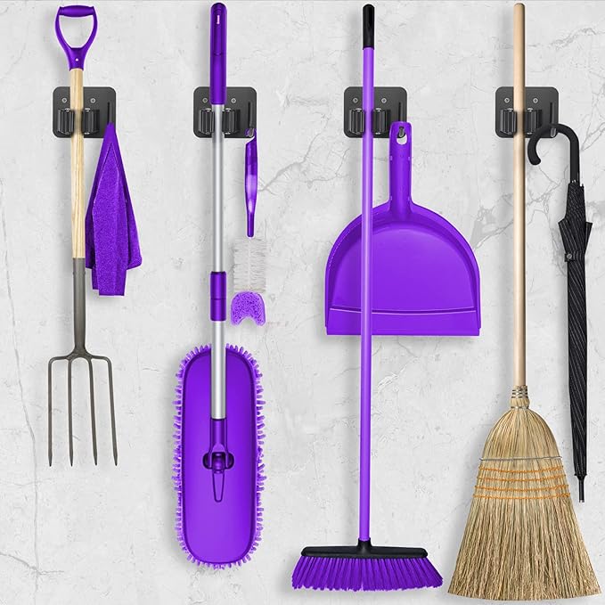 Stainless Steel Broom Holder, Heavy Duty, Rust Resistant, 4 Gripper Positions with 4 Hooks, Black