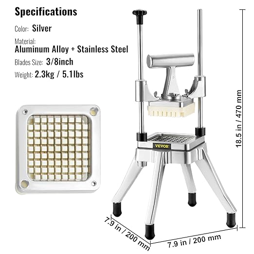 VEVOR Commercial Vegetable Fruit Chopper 3/8″ Blade Heavy Duty Professional Food Dicer Kattex French Fry Cutter Onion Slicer Stainless Steel for Peppers Potato Mushroom, Sliver