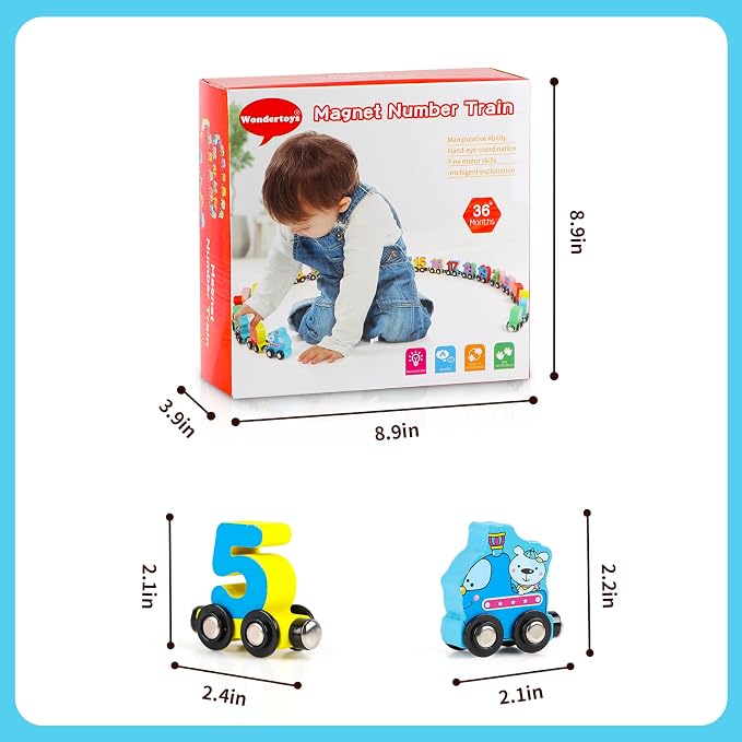 Wondertoys 27 PCS Wooden Magnetic Number Train Set Toy Compatible with Major Brands Train Set Tracks