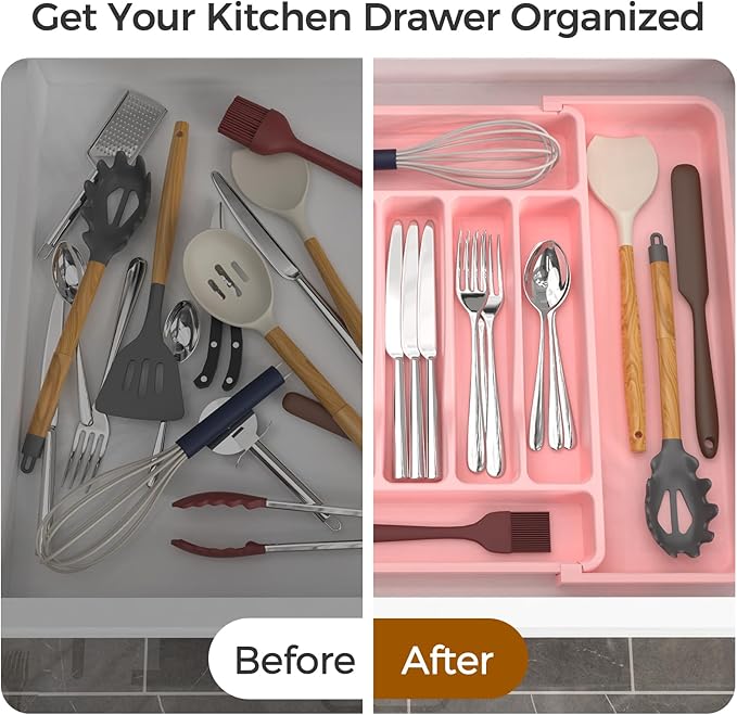 Extra Large Expandable Silverware Organizer, BPA-Free Food-Safe Cutlery Flatware Organizer, Kitchen Utensil Drawer Organizer, Adjustable Silverware Holder for Spoons Forks Knives, Pink