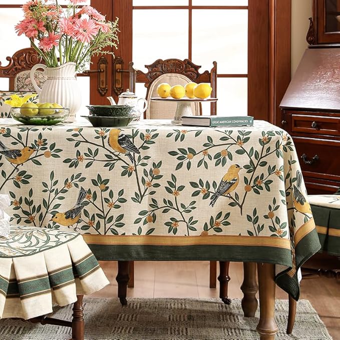 patdrea Designer French Table Cloth for Rectangle Table,Vintage Green Linen Birds and Leaves Pattern Tablecloths,Dacorative Cover Kitchen Dining,Christmas,Thanksgiving,Tea Party,55"x79"-Warbler