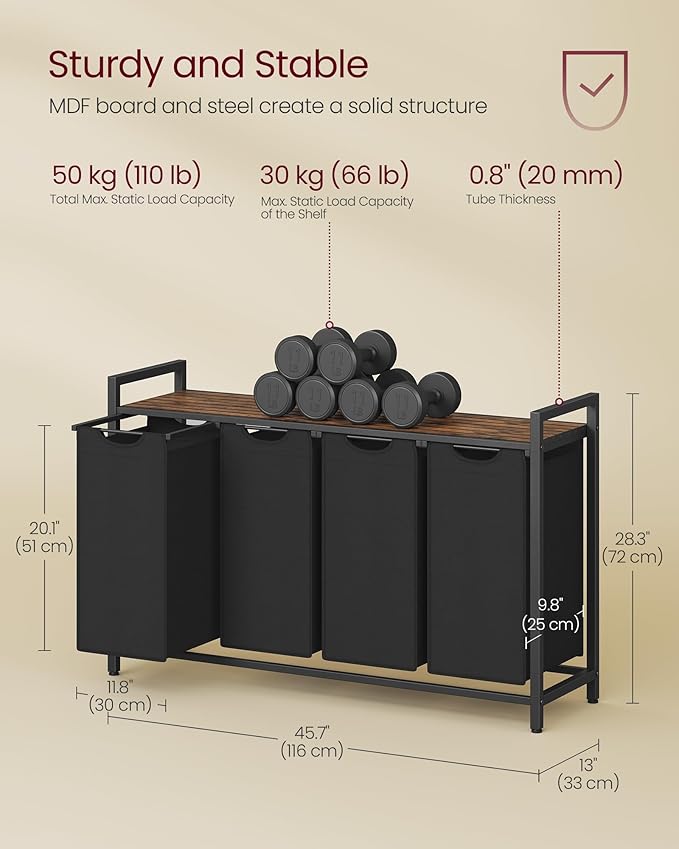 VASAGLE Laundry Hamper, Laundry Basket, Laundry Sorter with 4 Pull-Out and Removable Bags, Shelf, Metal Frame, 4 x 10.6 Gallons (40 L), 45.7 x 13 x 28.4 Inches, Ink Black and Rustic Brown UBLH401B01