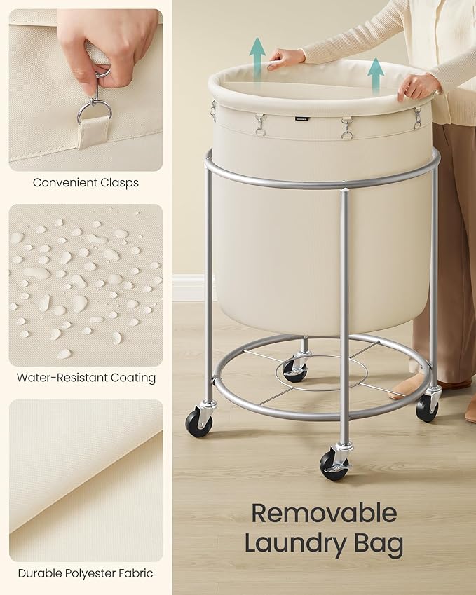 SONGMICS 63.5-Gallon (240 L) Laundry Basket with Wheels, Rolling Round Heavy-Duty Laundry Hamper Cart with Steel Frame and Removable Bag, 2 Locking Wheels, Cream White and Metallic Silver URLS012W01