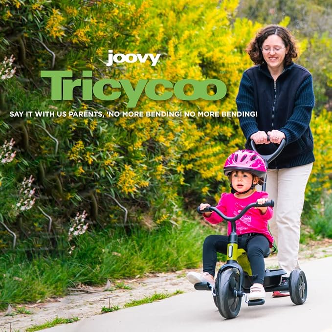 Joovy Tricycoo Fold & Go Toddler Tricycle Featuring Removable, Adjustable Push Handle, Lockable Front Pedals, Height-Adjustable Seat, 3-Point Safety Harness, and Rear Storage Box (Greenamole), Large
