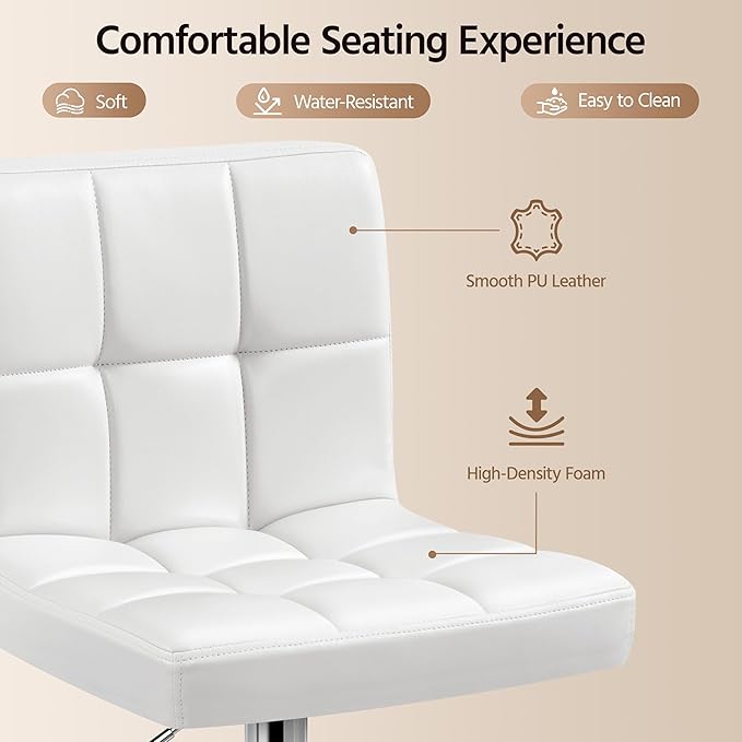 Yaheetech Single Bar Stool, PU Leather Adjustable Swivel Barstools, Armless Hydraulic Kitchen Counter Bar Stool, Kitchen Island Chairs, White