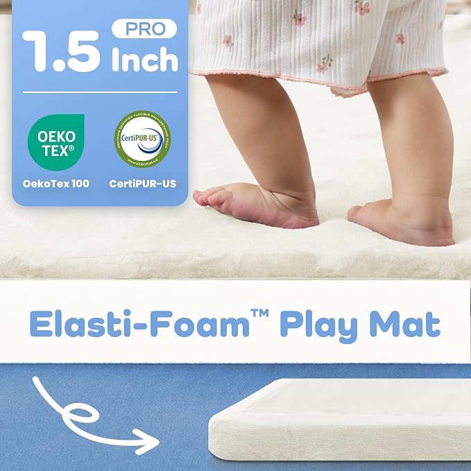 1.5" Thick Padded Baby Play Mat for Floor Tummy Time, Pro Soft Foam Activity Playroom Playmats, Easy Care with Non-Slip Safe for Infant Toddler Kids Crawling 39"x 59" (Cream)