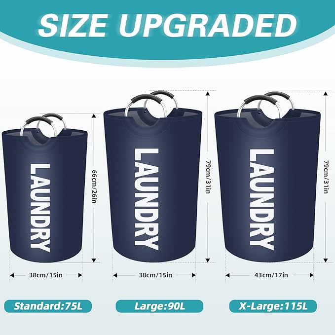 StorageRight 115L Large Laundry Basket, Laundry Hamper, Dirty Clothes Hamper for Laundry, Collapsible, Waterproof Laundry Baskets with Foam Protected Aluminum Handles for Laundry, Dorm, Family (Blue)