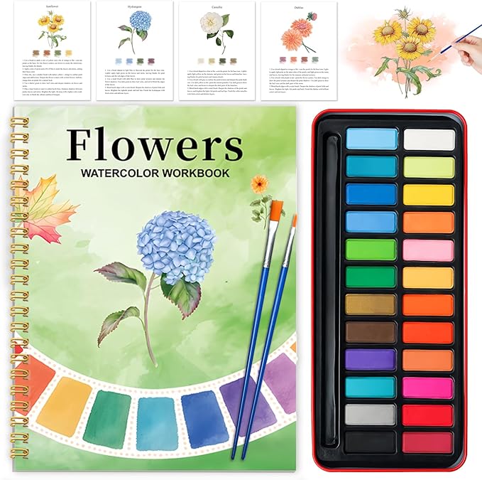 Watercolor Workbook - Coloring Book Beginner Friendly Painting Kit, Watercolor Workbooks for Adults with 24 Colors Paint, Exploration Gift for Adults Teens (Flowers)