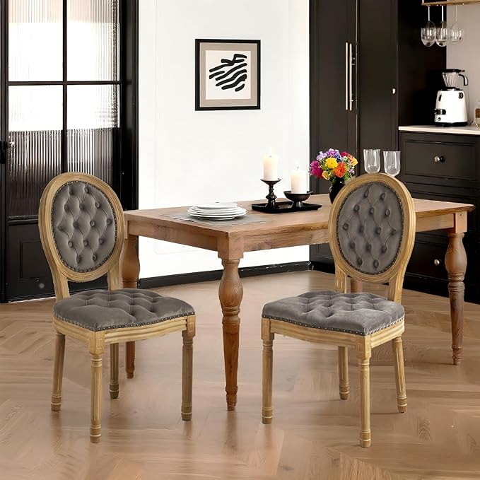 French Country Dining Chairs Set of 4,Farmhouse Upholstered Dining Room Chairs with Tufted Round Back&Solid Leg,Velvet Kitchen Side Chairs for Kitchen/Bedroom/Dining Room,Gray