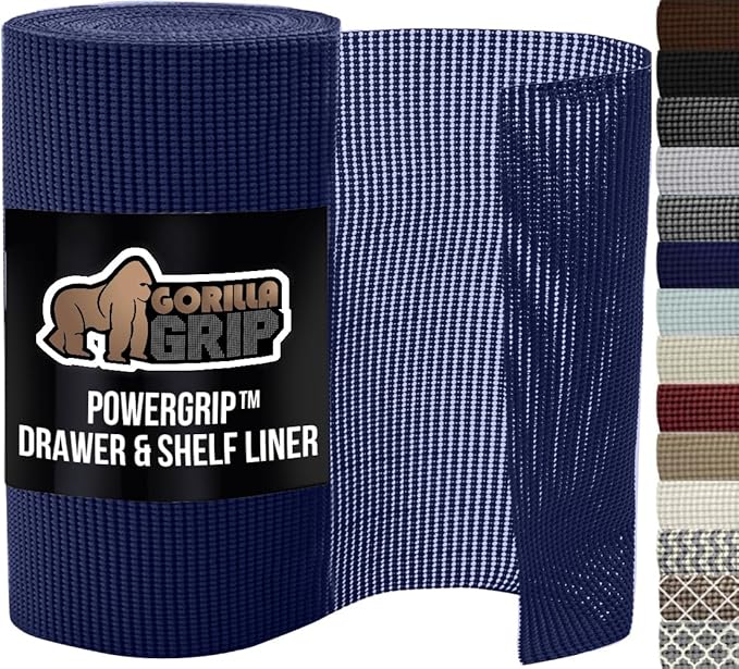 GORILLA GRIP powerGRIP Drawer Shelf and Cabinet Liner, Thick Strong Hold, Non-Adhesive Liners Protect Kitchen Cabinets and Cupboard, Bathroom Drawers, Easy Install, Breathable Mat, 12" x10', Navy Blue