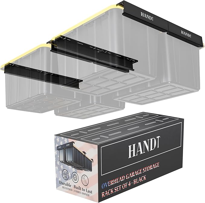 HandT USA Based Overhead Garage Storage Rack, Ceiling Tote Bin Organization Rails Shelving Racks System, Heavy Duty Hanging Metal Rack Systems for 27 Gallon Container, Supports Most Bins, 4 Sets Black