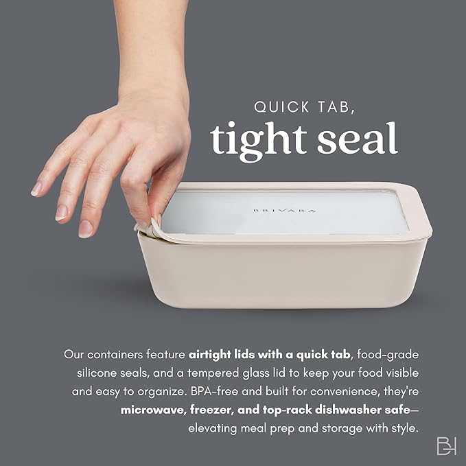 Ceramic Coated Glass Food Storage Container | No PTFE, PFOA, PFAS, and BPA | Reusable Non Toxic Meal Prep Container with Glass Lid | Easy To Store | 8 Cup Square [Crema]