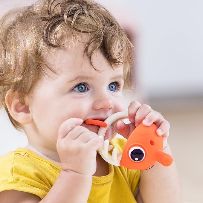 Teething Toys 3-6 Months, Mombella Clownfish Teethers for Babies 6-12 Months, Soft Silicone Baby Teether Toys with Anti Drop Clip, Baby Chew Toys 6 to 12 Months, Infant Teething Relief Toy, Orange