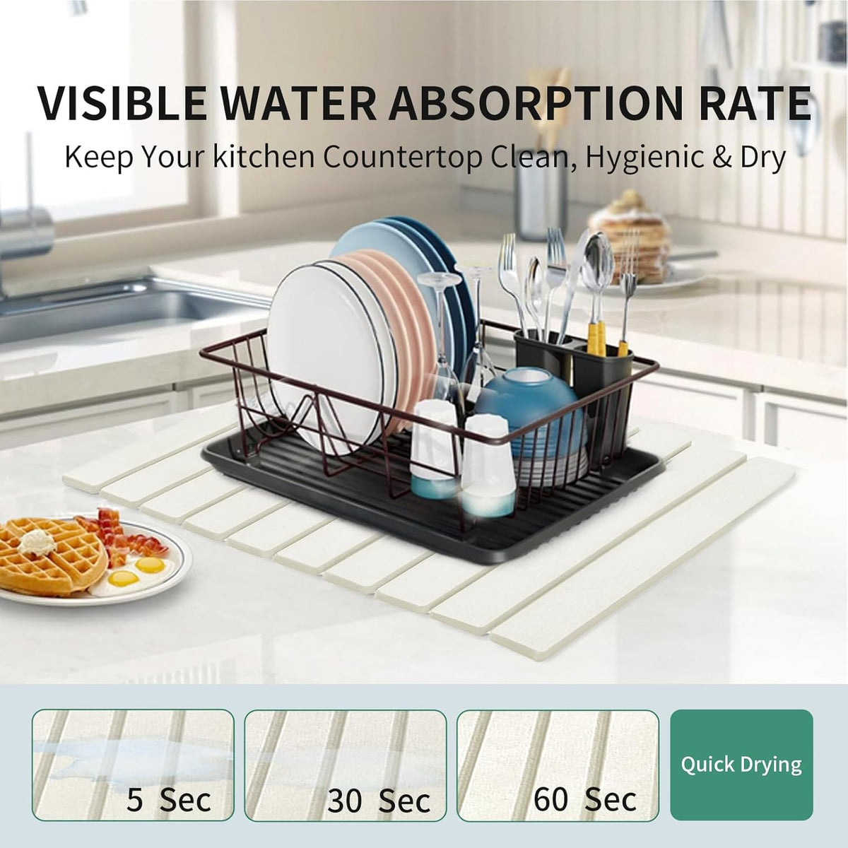 Stone Drying Mat for Kitchen Counter, Collapsible Dish Drying Mat, Fast Drying Diatomaceous Earth Dish Drying Mats, Water Absorbent Diatomite Kitchen Mat (white, medium)