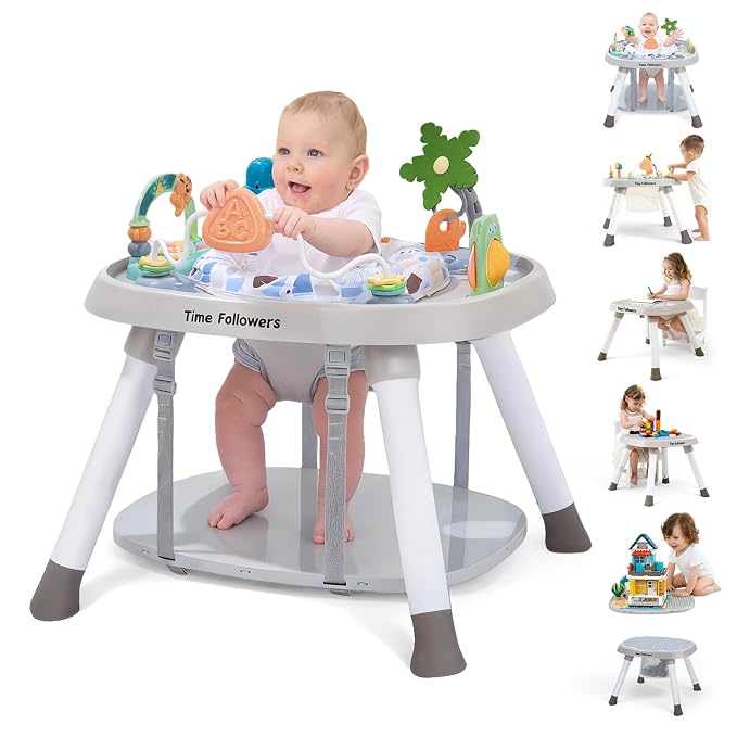 Time Followers® 6-in-1 Baby Activity Center | 4 Stage Montessori-Inspired Toys | Grow Stationary Standing Toddler Table | Jumpers & Bouncers | Must Have for Boy & Girl 6, 12, 24+ Month Old (Beige)
