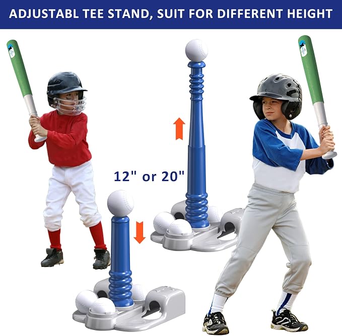 QDRAGON 2 in 1 T Ball Sets for Kids 3-5 5-8, Tee Ball Set with Automatic Pitching Machine/Adjustable Batting Bat & Stand/6 Balls, Baseball Toys Outdoor Sport for Toddlers Boys, Blue
