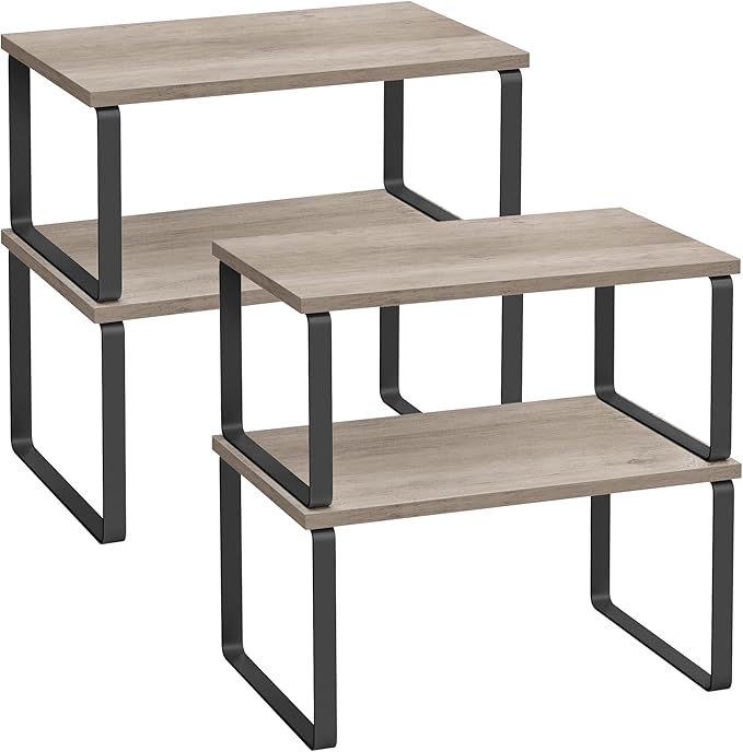 SONGMICS Cabinet Organizer Shelf, Set of 4 Kitchen Counter Shelves, Kitchen Storage, Spice Rack, Stackable, Expandable, Metal and Engineered Wood, Ink Black and Heather Greige UKCS021X02