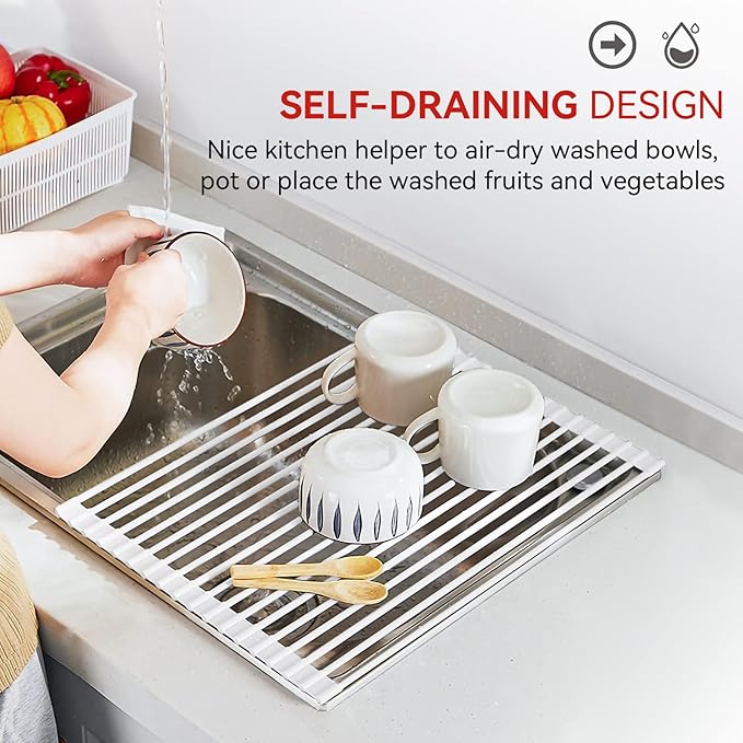 MERRYBOX Roll Up Dish Drying Rack, Silicone Wrapped Over The Sink Dish Rack Foldable Dish Drainer Anti-Slip Dish Racks for Kitchen Sink, Multipurpose Kitchen Sink Drying Rack, 17.5" x 13", White