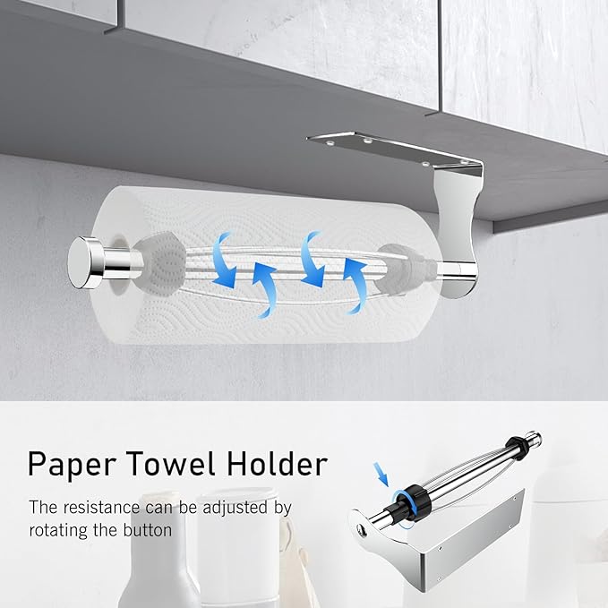 SetSail Paper Towel Holder, Single Hand Operable Paper Towel Holder Under Cabinet with Adjustable Damper Easy Tear Wall Mount Self-Adhesive or Drilled for Kitchen Bathroom, Mirror Silver