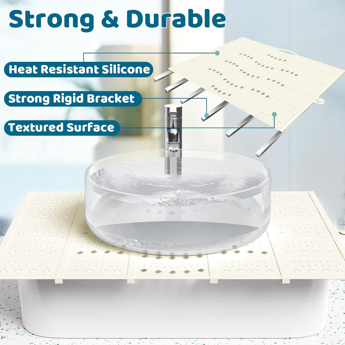 Bathroom Sink Cover for Counter Space, Sink Mat Foldable Sink Cover, Silicone Makeup Organizer Mat Space Saver, Small Bathroom & Rv Camper Travel Must Haves Accessories, Pearl