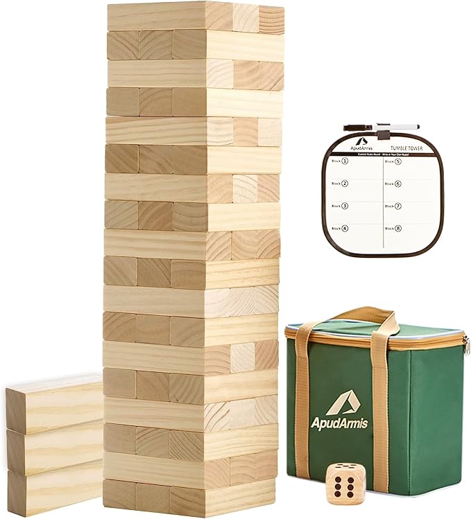 ApudArmis 54 PCS Tumble Timber Set [Up to 3.2FT], Pine Wooden Tumble Tower Game with Dice and Scoreboard Set - Classic Block Stacking Board Game for Teens Adults