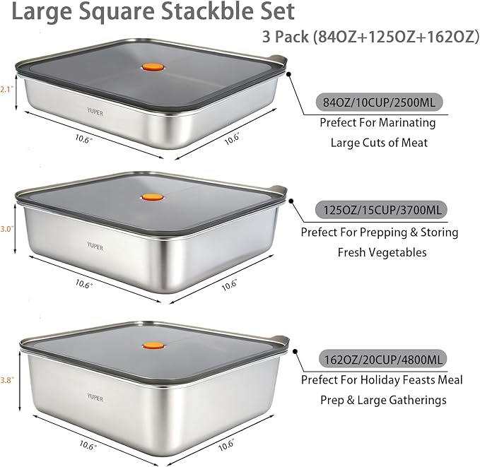 YUPER Stainless Steel Food Storage Containers, Large Meal Prep Container Sets with Lids, BPA Free, Leak Proof & Airtight, Microwave, Dishwasher, Fridge, Freezer & Oven Safe, 3 Pack (84+125+162OZ)