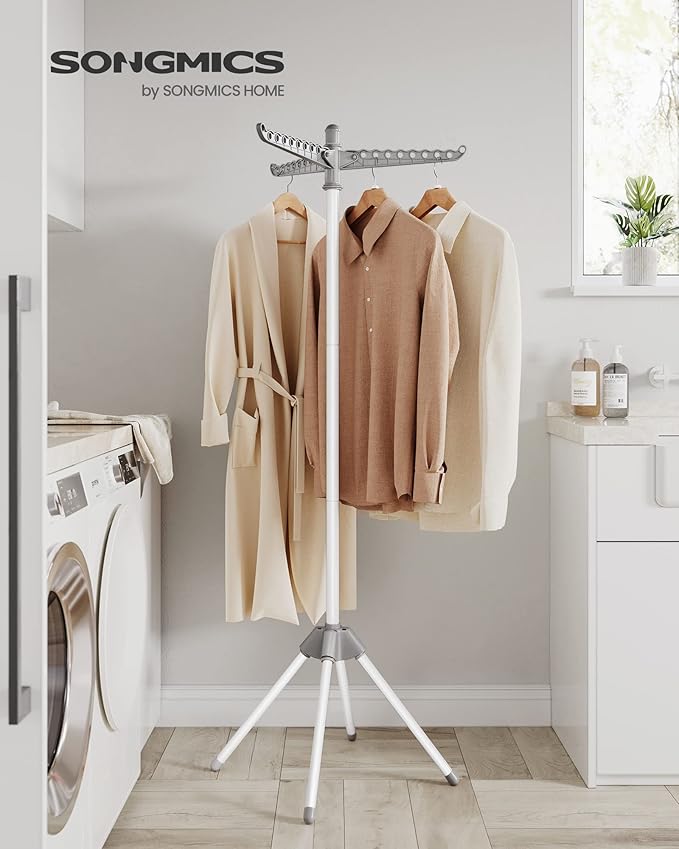 SONGMICS Clothes Drying Rack, 59-Inch Folding Laundry Drying Rack with 3 Rotatable Arms for Hangers, 4 Legs, Stainless Steel, for 27 Pieces of Clothes, Gray and White ULLR510G01