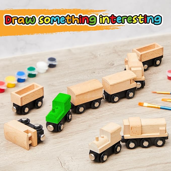 Halloscume 10 Pcs Unfinished Magnetic Wooden Train Cars 5 Styles DIY Unpainted Wood Trains for Paint Crafts Project & Summer Camp, Birthday Party Favors Decorations (Retro)