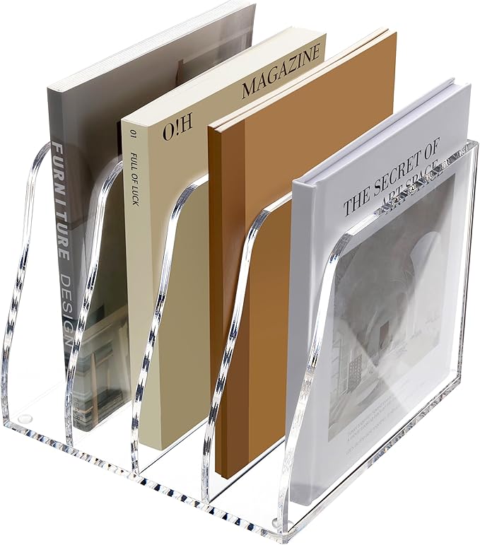 SANRUI Acrylic Desk File Organizer, 4 Vertical Compartments Clear Magazine File Holder Workspace Sorters, Folder Rack for Office Accessories Organization Storage