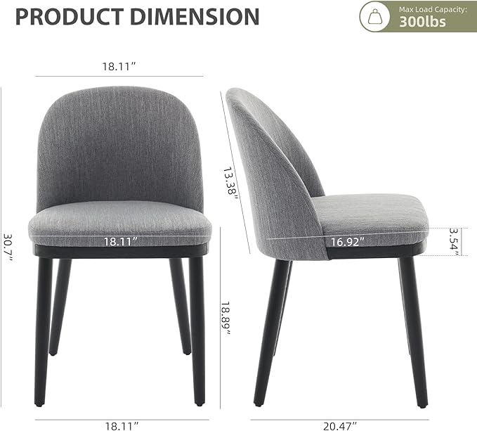 Wooden Dining Chairs Set of 2,Upholstered Kitchen Dining Room Chairs with Curved Backrest and Wood Leg,Modern Fabric Farmhouse Dinner Chair for Restaurant/Cafe,Grey