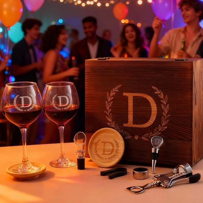 GZLDGIFTS Personalized Initial Wine Glasses Box Gift Set For Women Mom Engraved Birthday Monogrammed Wooden Christmas Wedding Anniversary Wine Couples Stopper Opener Initial Letterr (B Set)