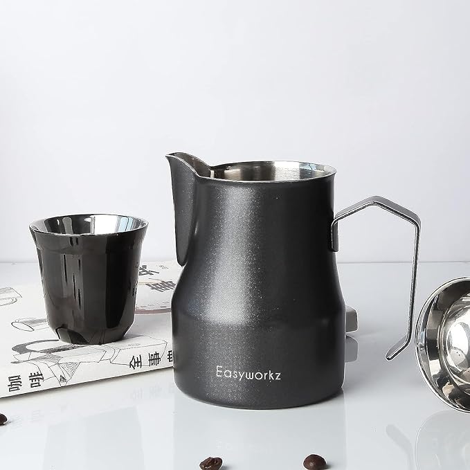 Easyworkz Stainless Steel Espresso Cup 2pcs Set Double Wall 2.5 oz, Bundled Espresso Steaming Pitcher Stainless Steel 15 oz Coffee Frothing Picther Milk Jug Cappuccino Latte Art Cup