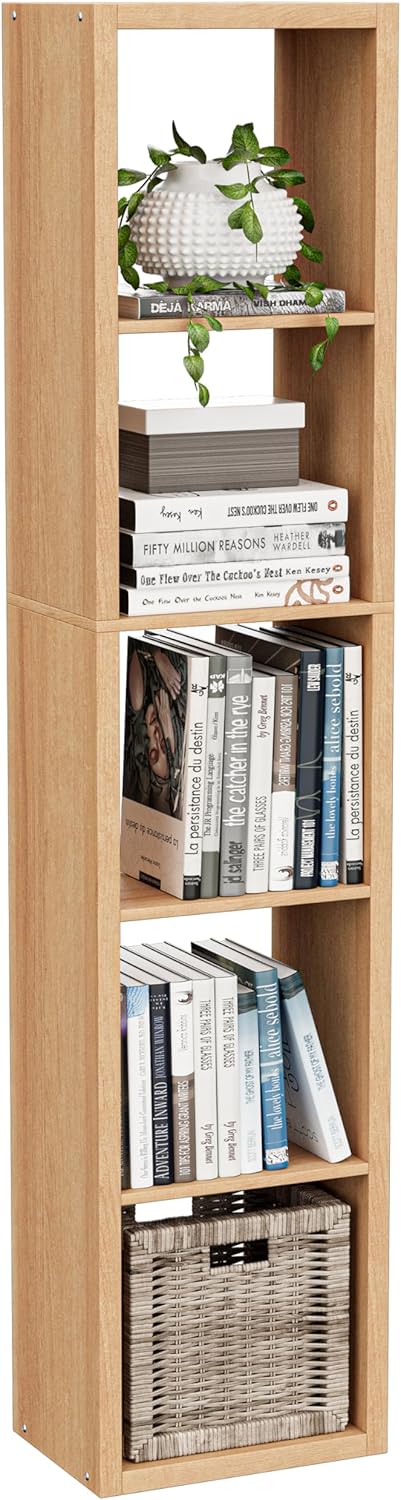 Tall Cube Storage Organizer Bookcase, 5 Tier 11 inch Open Back Cubical Shelf with Thickened Border, Display Bookshelf for Living Room, Home Office, Sturdy Room (Natural Oak, 5 Cube,Vertical)