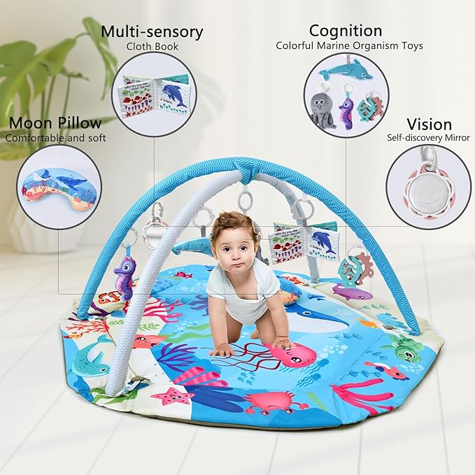 Baby Gym Play Mat, 8-in-1 Tummy Time Mat & Activity Gym, Washable Ball Pit, Infant Play Mat with Detachable Toys for Sensory Exploration and Motor Skill Development