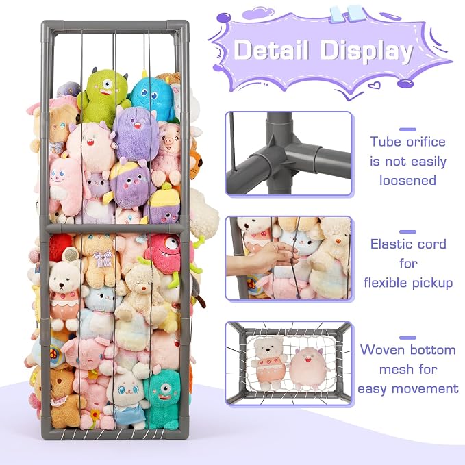 Trycooling Stuffed Animal Storage Zoo Stuffed Animal Holder Space Save Vertical Stuffed Animals Storage PVC with Elastic Band and Net for Playroom Bedroom Nursery (Grey 1)
