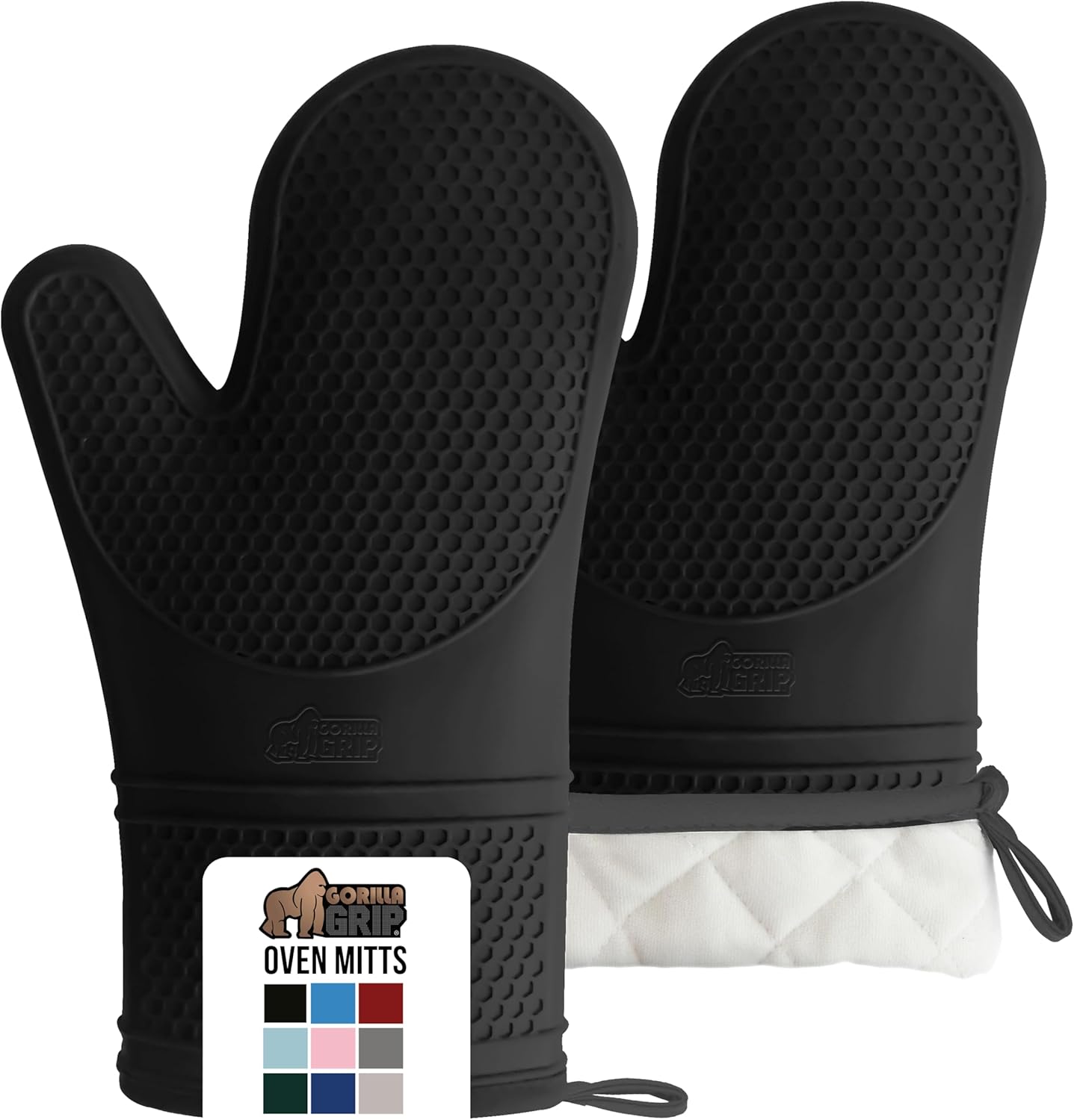 GORILLA GRIP BPA-Free Soft Silicone Oven Mitts, Heat Resistant and Waterproof Cooking Gloves, Thick Cotton Lining, Flexible Gripping for Baking Grilling, Kitchen Potholders Set of 2, 12.5x8.3, Black