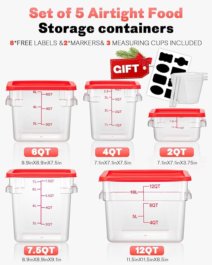 2QT NSF Food Storage Containers: 6 PCS [Food Grade][Hot&Cold Resistant] Commercial Clear Square Food Storage Containers with Scales Handles for Home Restaurant Kitchen Proof Dough(BPA FREE N1)