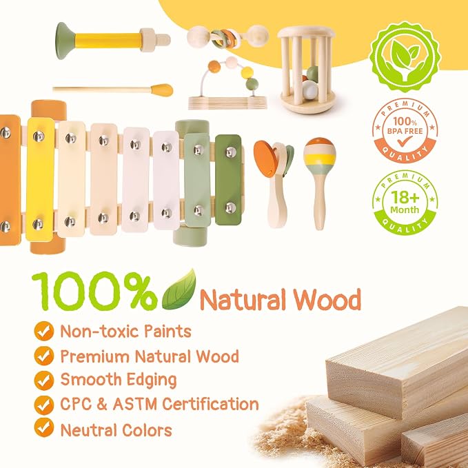 Pajojoqa 7pcs Musical Instruments Set 18M+ Montessori Toys 2 3 4 Neutral Colors Wooden Toys for Toddlers 3-5 Percussion Instruments Modern Boho Xylophone Sensory Gifts Boys Girls