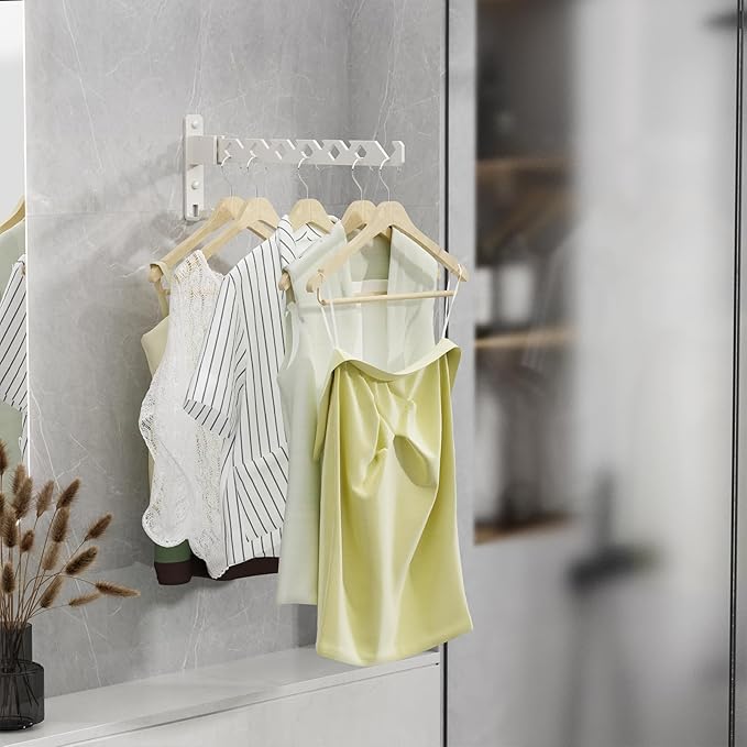 Wall Mounted Clothes Drying Rack, Wall Clothes Hanger Foldable, Laundry Hanger Hook for Bathroom, Wall Clothes Rack Indoor, Perfect for Small Spaces, White