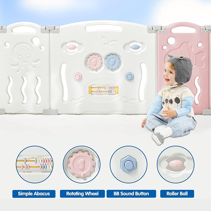 Albott Baby Playpen, Upgraded 22 Panels Foldable Baby Fence with Game Panel and Safety Gate, Adjustable Shape, Portable Play Yards for Children Toddlers Indoors or Outdoors (Pink+White, 22 Panel)