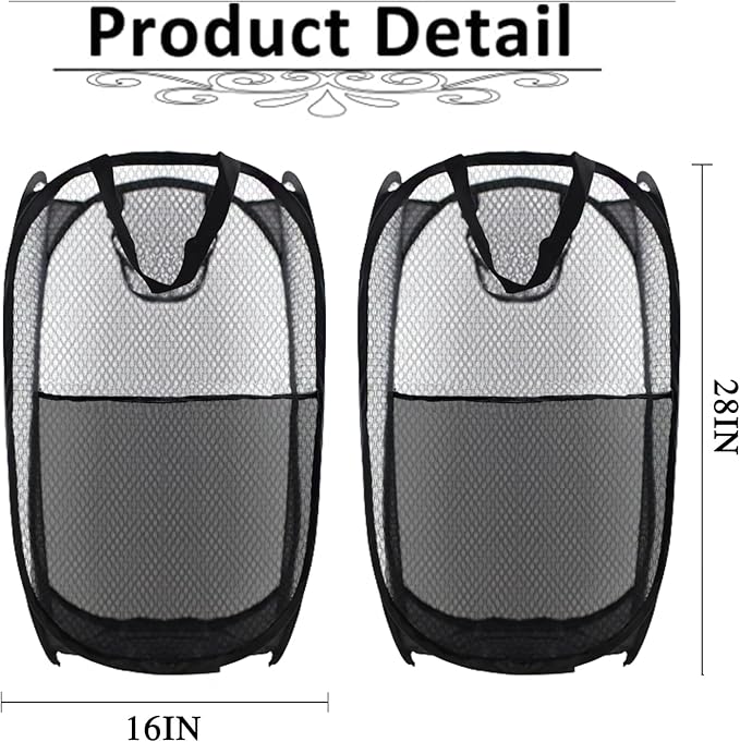 Collapsible Pop Up Laundry Hamper, Extra Large Mesh Foldable Laundry Basket Bag, 28" x 16" x 16", 2 Pack (Black)