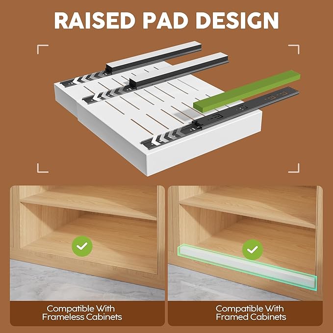 2Pack Expandable Pull Out Cabinet Organizer 21"Deep With Raising Pad for Framed Cabinets, Upgrade 3 Slide Rails Slide Out Drawers, Roll Out Shelves Adhesive,Adjustable Width 12.05"-20.4"White