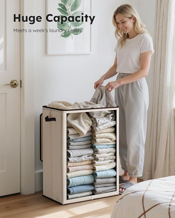SOLEDI Laundry Hamper with Lid 130L Large & Tall Collapsible Laundry Basket, Clothes Hamper with Bag Removable Easy to Carry, Dirty Hampers for Bedroom, Bathroom, Dorm, College, Beige