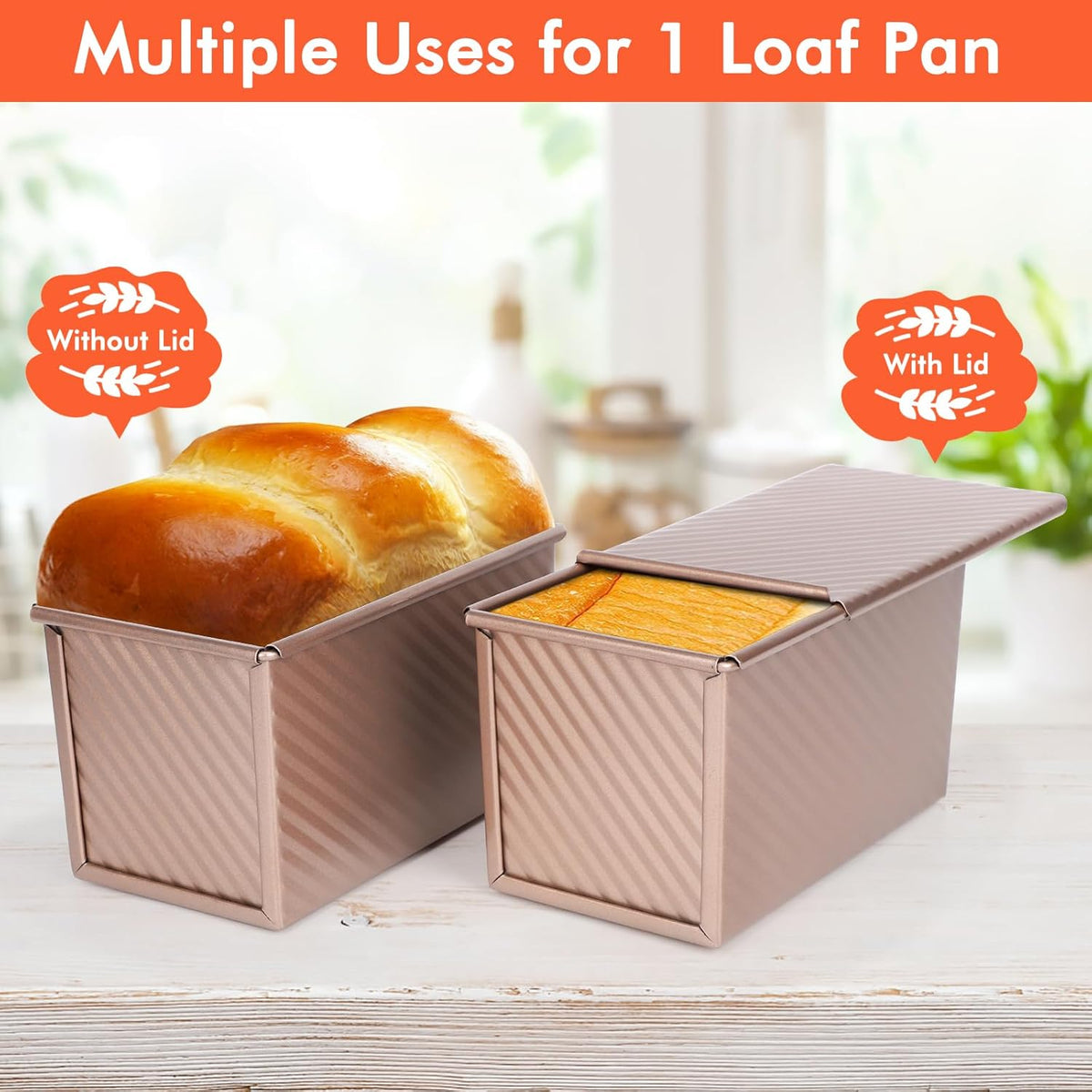 Beasea Pullman Loaf Pan with Lid, 1 Pack Non-Stick 1 lb Carbon Steel Bread Toast Box Baking Cake Mold with Cover for Homemade Bread Oven Baking - Rose Gold