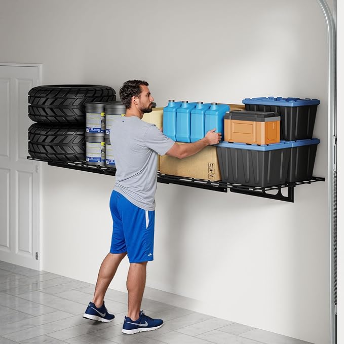 FLEXIMOUNTS 2x6ft Garage Shelving Wall-Mounted, 1-Pack Heavy-Duty Wall Shelving, Holds Up to 400 lbs, Garage Storage Rack for Organization & Storage Bins, Black, Classic Series