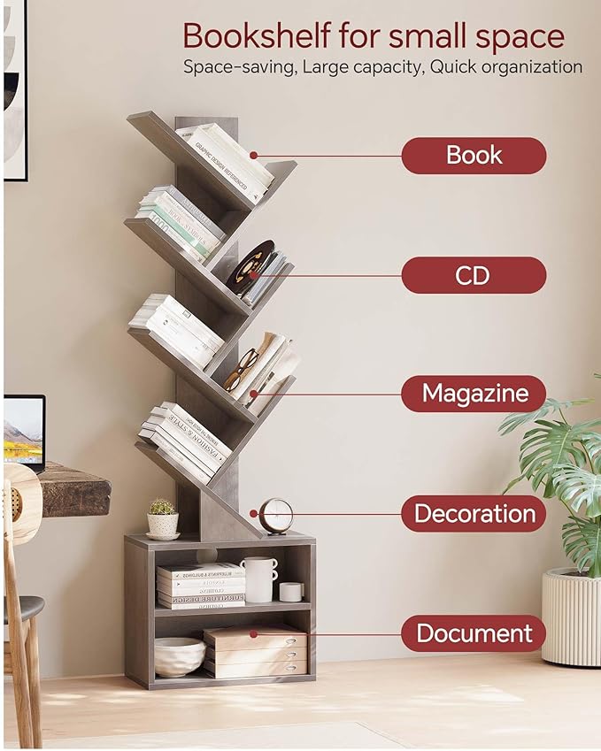 SUNMORY 6 Tier Tree Bookshelf, Tall Bookcase with Storage Cabinet, Modern Narrow Bookshelves Organizer, Floor Standing Book Shelf for Bedroom/Living Room/Home Office/Corner, Grey