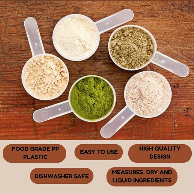 Plastic Measuring Scoop, (118.4 cc | 1/2 Cup | 4 fl oz. | 118.4 mL) Long Handle Spoons for Powders, Granules, Coffee, Pet Food, Baking Supplies, Protein and Other Dry Goods, BPA Free (Set of 100)
