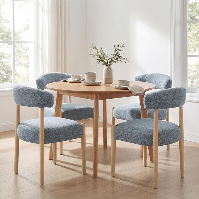 VKNOW Wooden Dining Chairs Set of 4, Modern Upholstered Dining Room Chairs with Rubberwood Legs and Curved Backrest, Fabric Kitchen Chairs for Farmhouse/Living Room/Dining Room, Blue